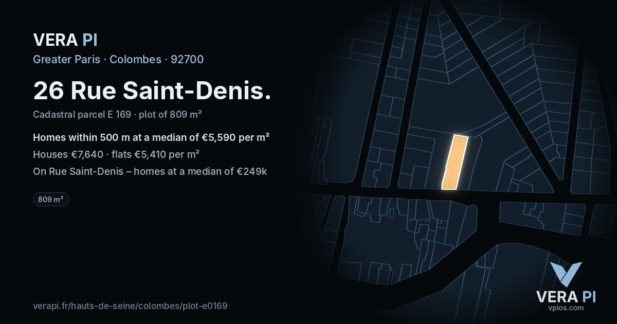 26 Rue Saint-Denis, Colombes at night – the plot lit, the parcels around coloured by the prices near them