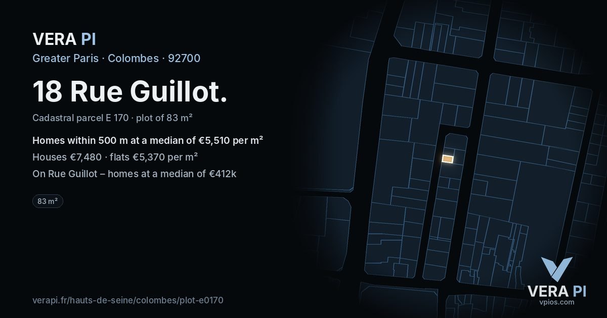 18 Rue Guillot, Colombes at night – the plot lit, the parcels around coloured by the prices near them