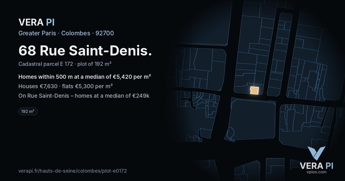 68 Rue Saint-Denis, Colombes at night – the plot lit, the parcels around coloured by the prices near them