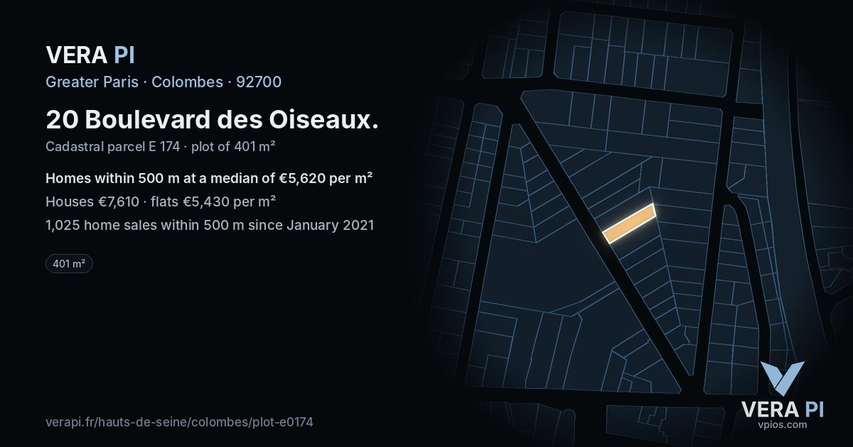 20 Boulevard des Oiseaux, Colombes at night – the plot lit, the parcels around coloured by the prices near them
