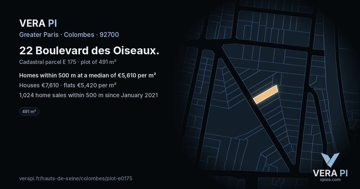 22 Boulevard des Oiseaux, Colombes at night – the plot lit, the parcels around coloured by the prices near them