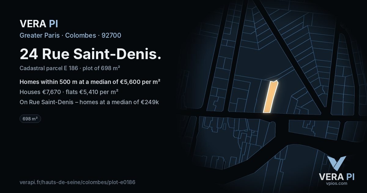 24 Rue Saint-Denis, Colombes at night – the plot lit, the parcels around coloured by the prices near them