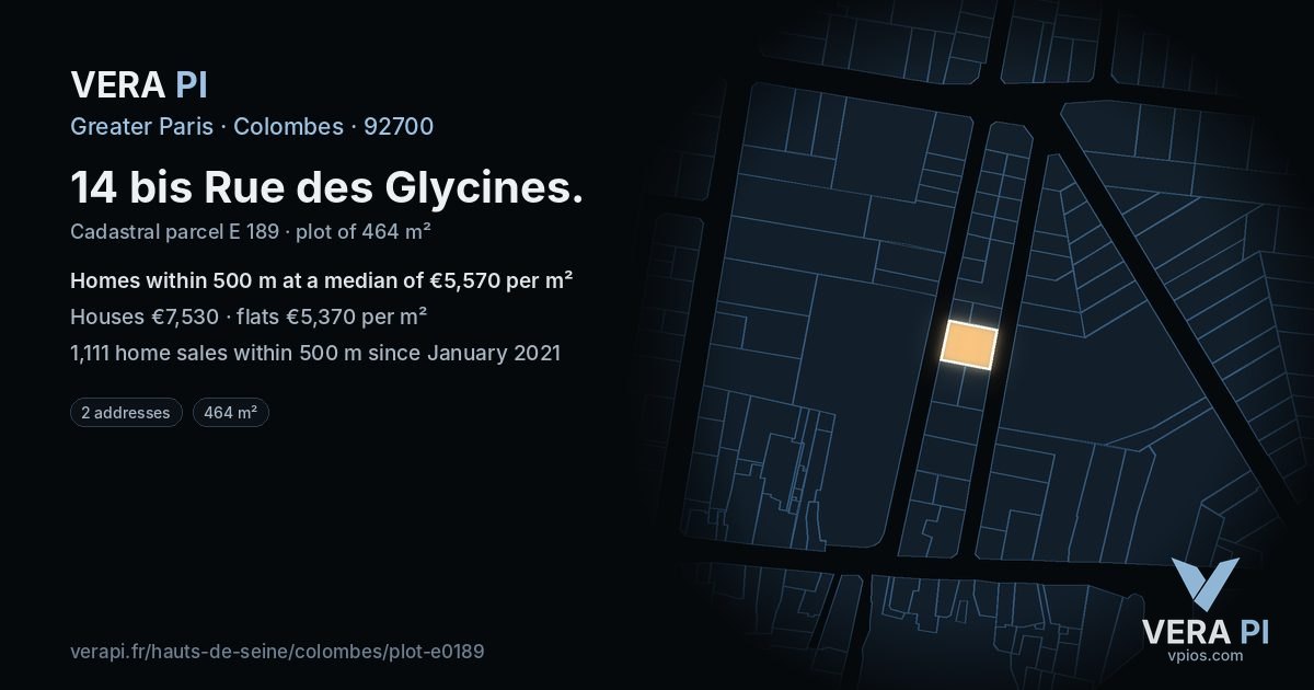 14 bis Rue des Glycines, Colombes at night – the plot lit, the parcels around coloured by the prices near them