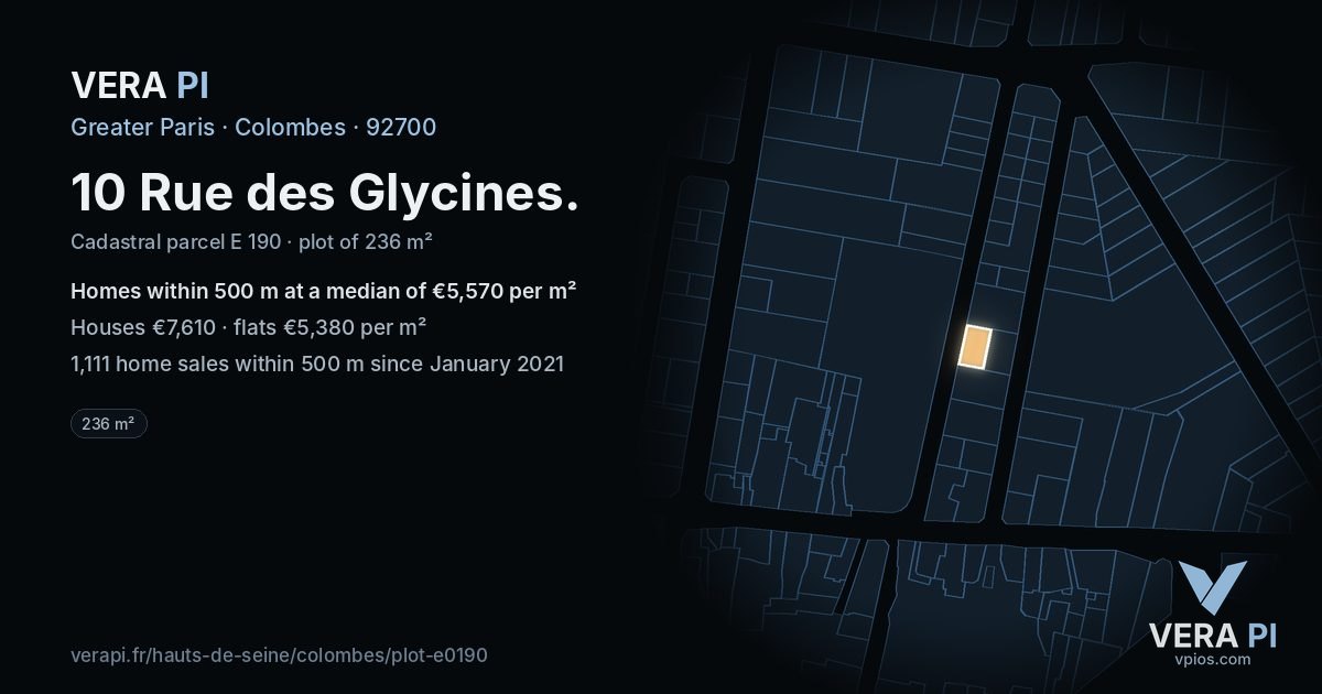 10 Rue des Glycines, Colombes at night – the plot lit, the parcels around coloured by the prices near them