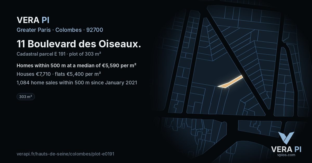 11 Boulevard des Oiseaux, Colombes at night – the plot lit, the parcels around coloured by the prices near them