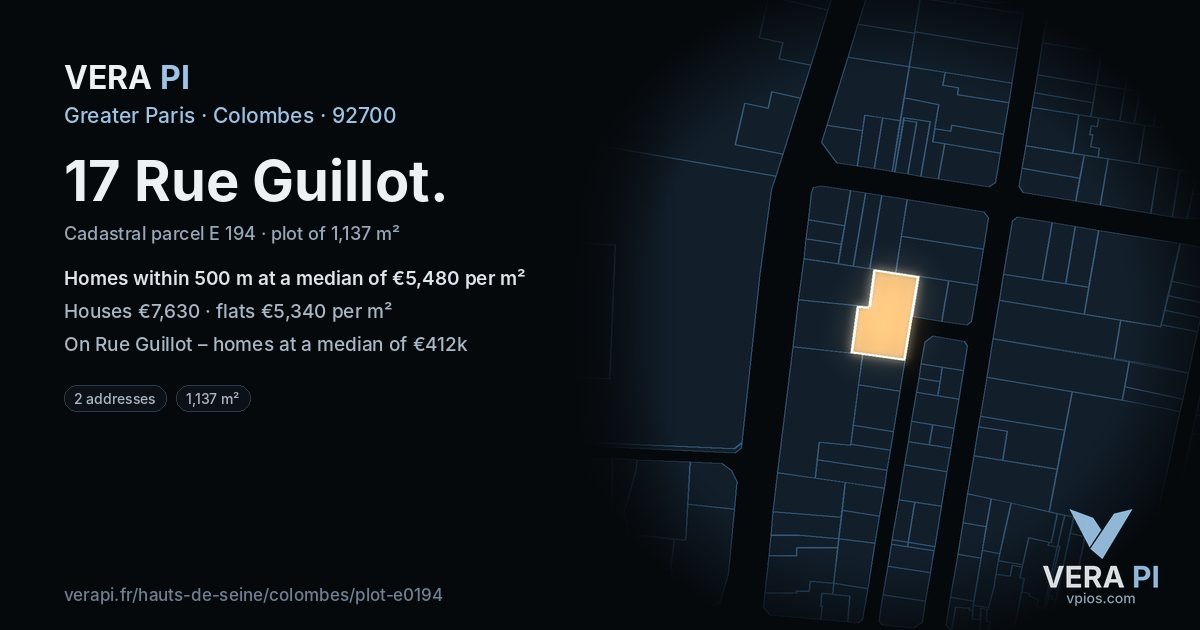 17 Rue Guillot, Colombes at night – the plot lit, the parcels around coloured by the prices near them