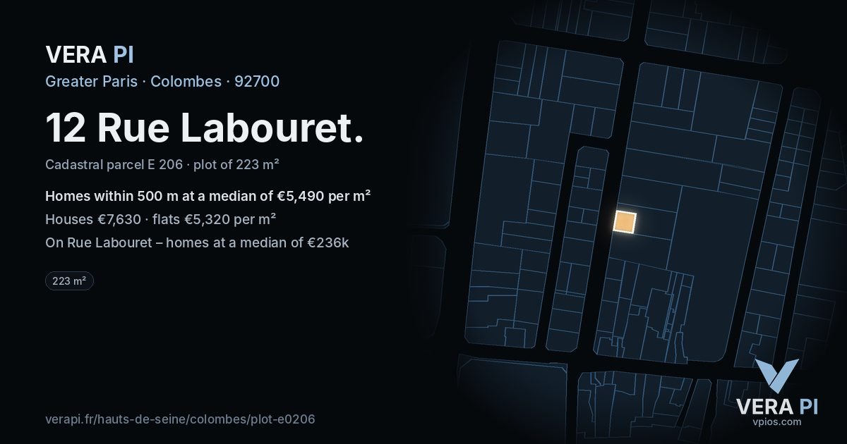 12 Rue Labouret, Colombes at night – the plot lit, the parcels around coloured by the prices near them