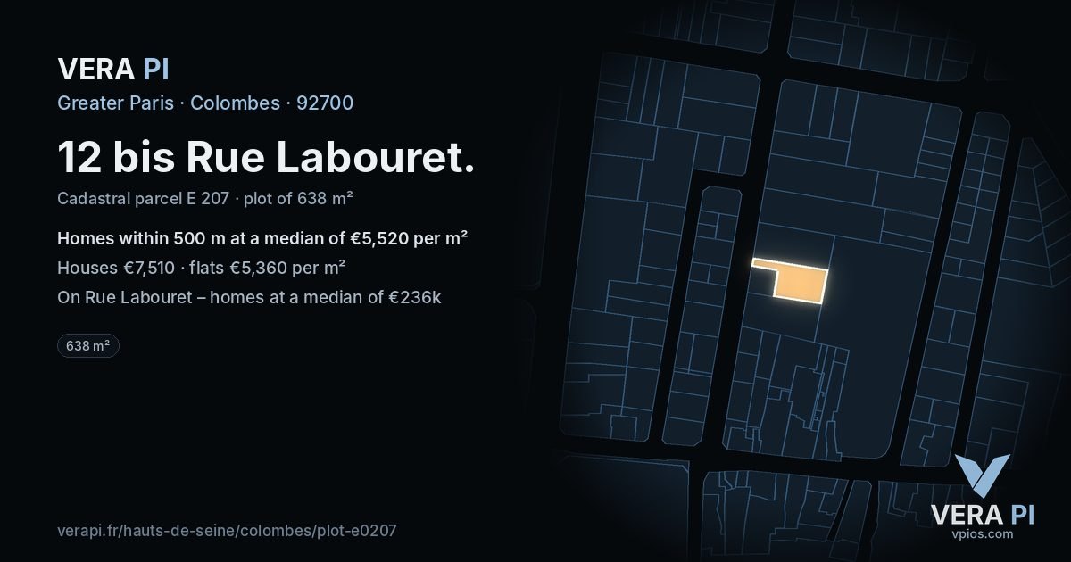 12 bis Rue Labouret, Colombes at night – the plot lit, the parcels around coloured by the prices near them