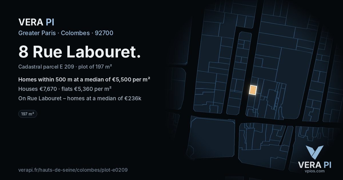 8 Rue Labouret, Colombes at night – the plot lit, the parcels around coloured by the prices near them