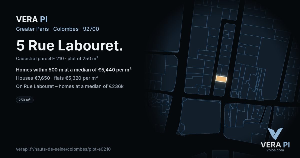 5 Rue Labouret, Colombes at night – the plot lit, the parcels around coloured by the prices near them