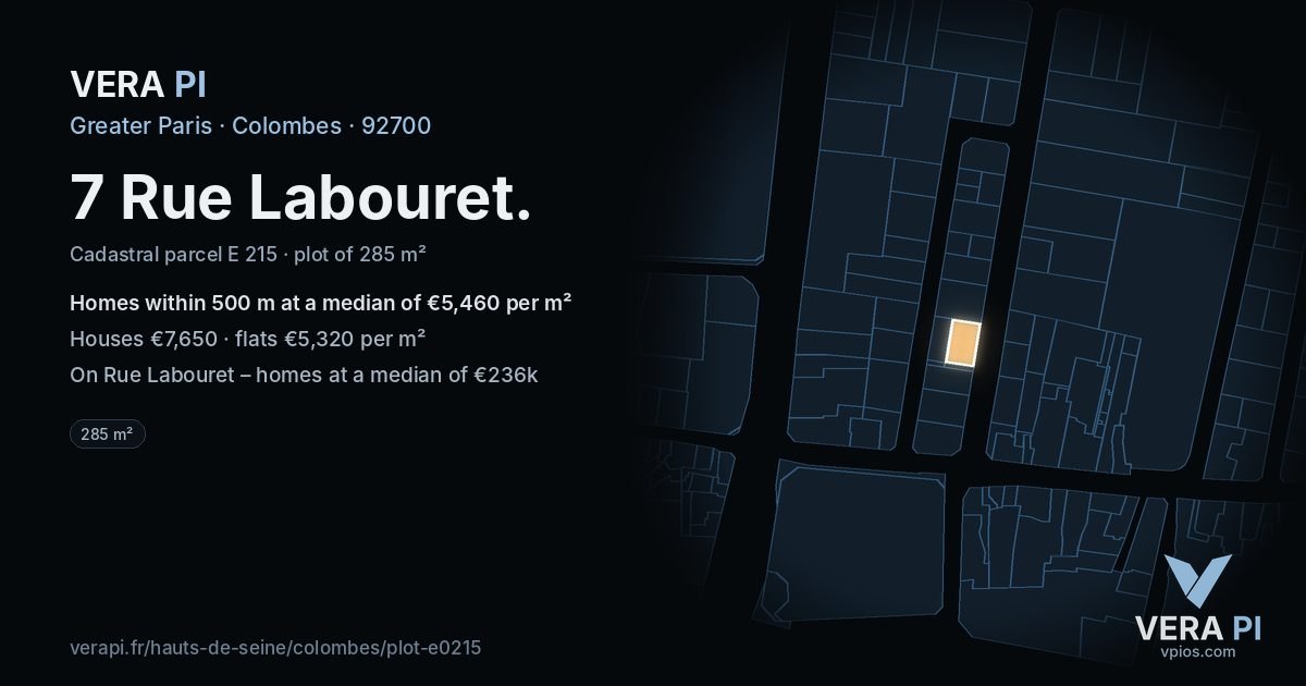7 Rue Labouret, Colombes at night – the plot lit, the parcels around coloured by the prices near them
