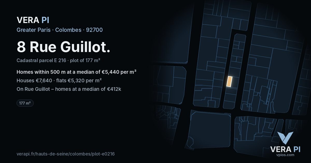 8 Rue Guillot, Colombes at night – the plot lit, the parcels around coloured by the prices near them