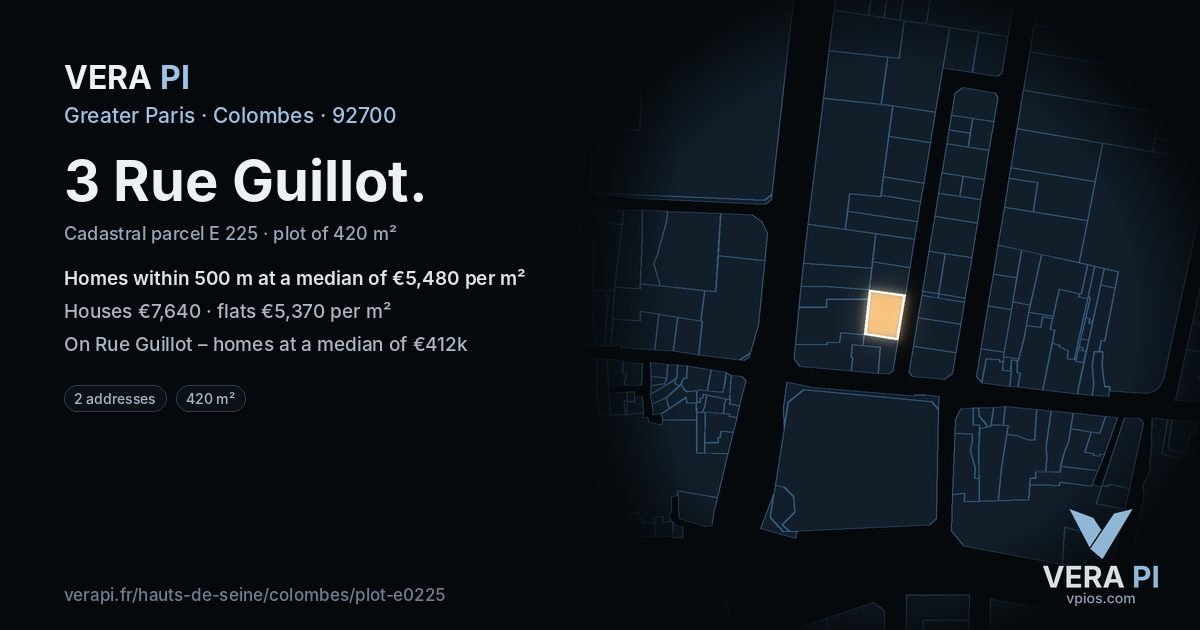 3 Rue Guillot, Colombes at night – the plot lit, the parcels around coloured by the prices near them