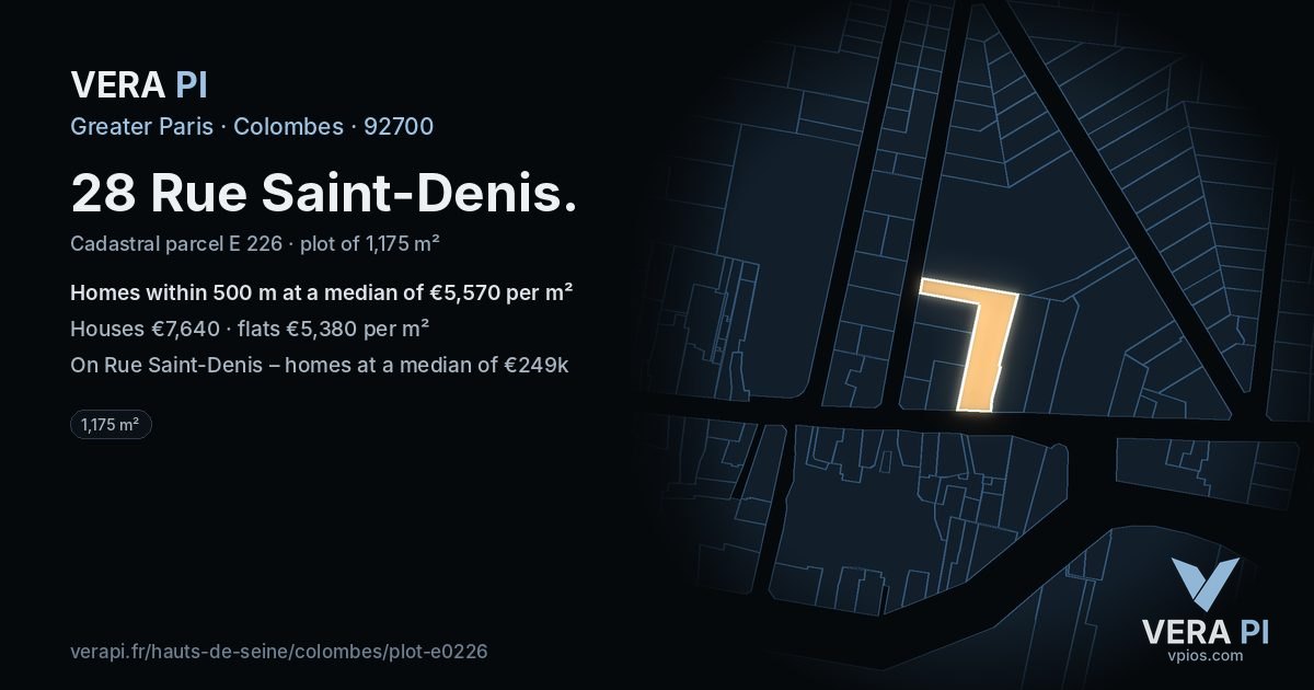 28 Rue Saint-Denis, Colombes at night – the plot lit, the parcels around coloured by the prices near them