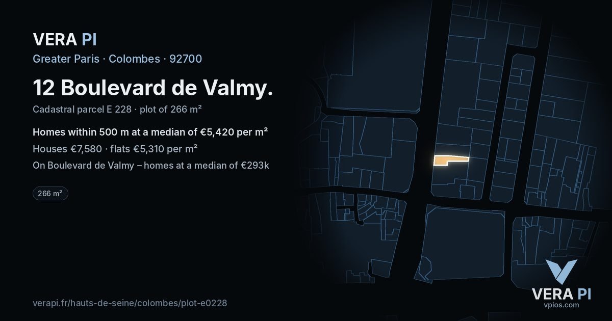12 Boulevard de Valmy, Colombes at night – the plot lit, the parcels around coloured by the prices near them
