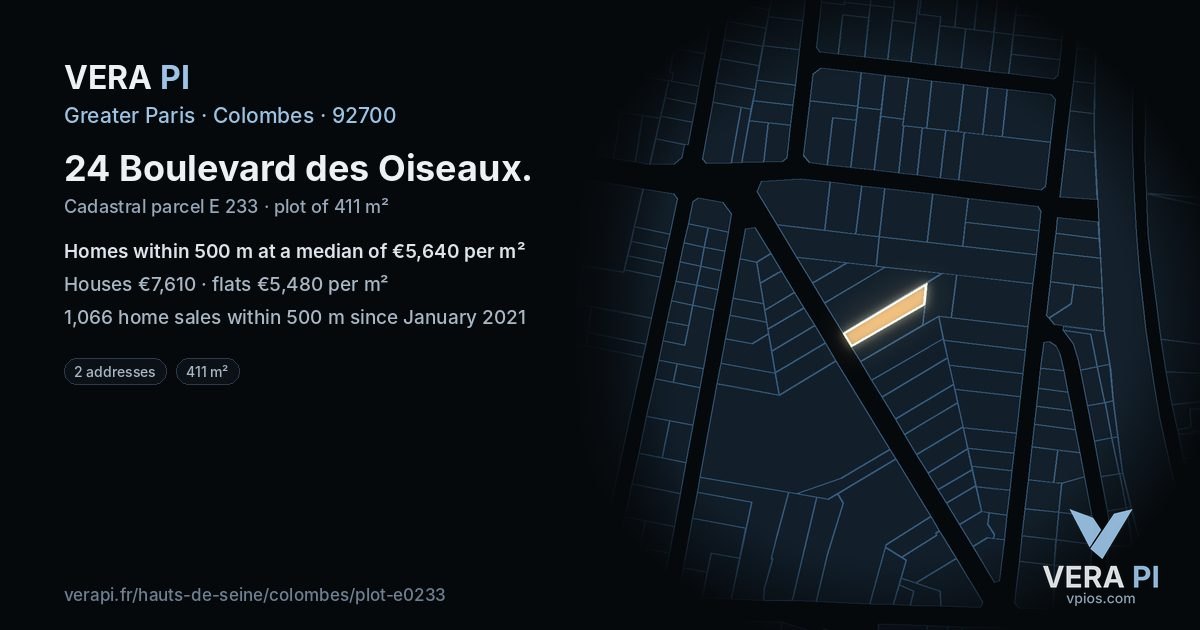24 Boulevard des Oiseaux, Colombes at night – the plot lit, the parcels around coloured by the prices near them