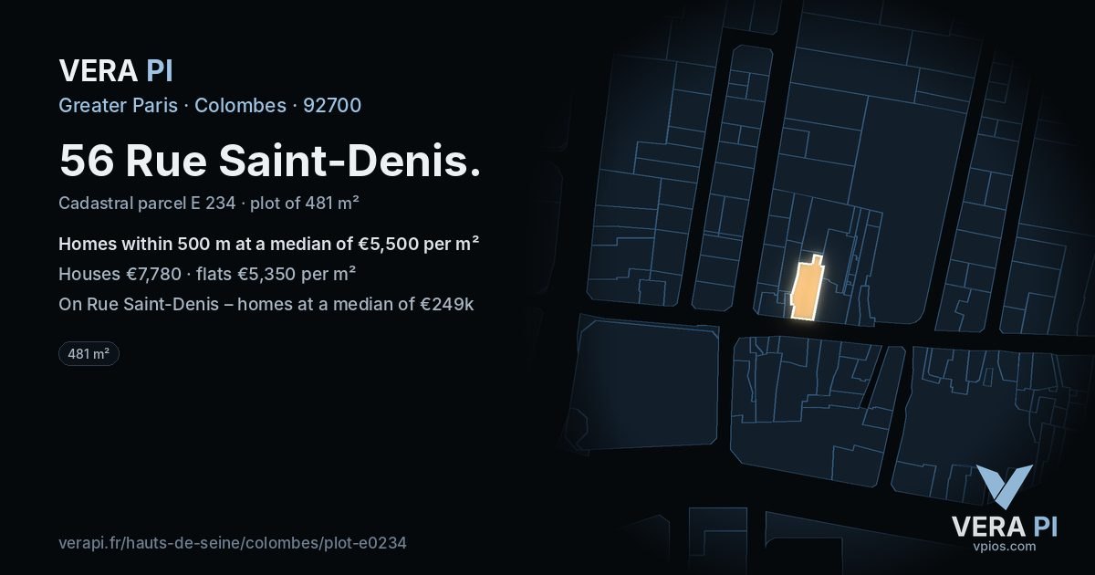 56 Rue Saint-Denis, Colombes at night – the plot lit, the parcels around coloured by the prices near them