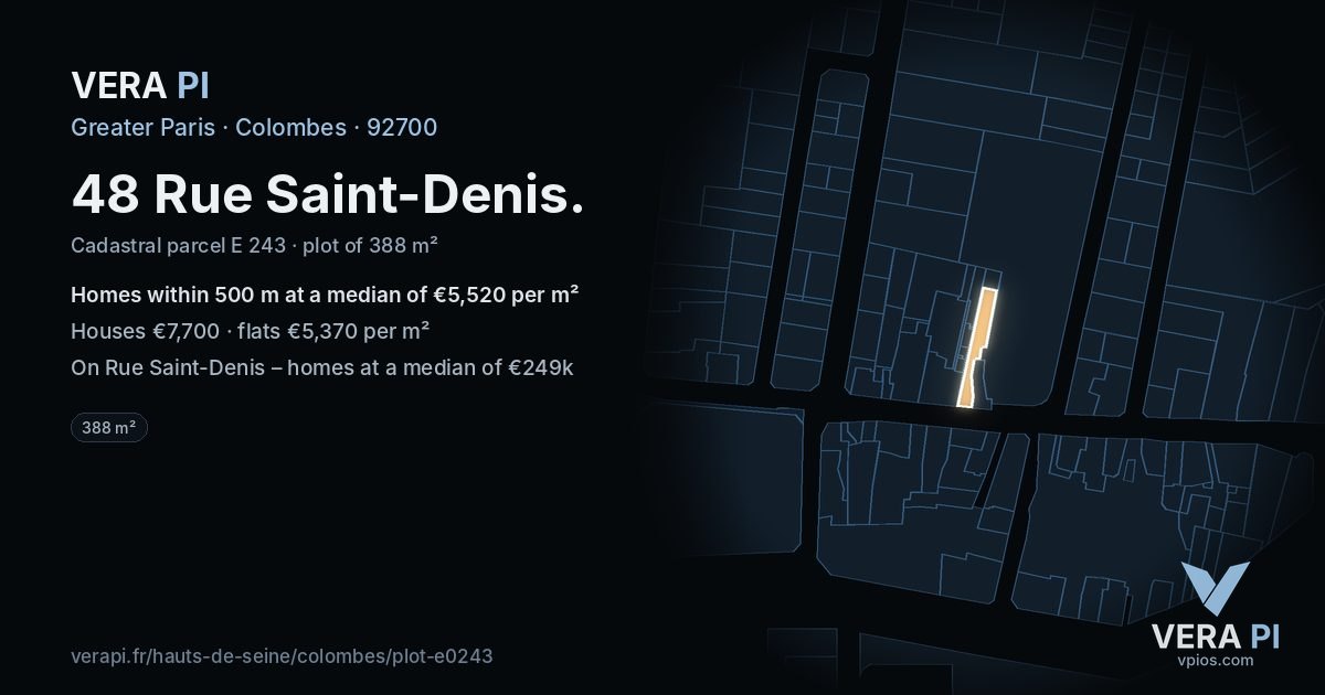 48 Rue Saint-Denis, Colombes at night – the plot lit, the parcels around coloured by the prices near them