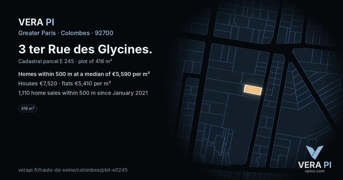 3 ter Rue des Glycines, Colombes at night – the plot lit, the parcels around coloured by the prices near them