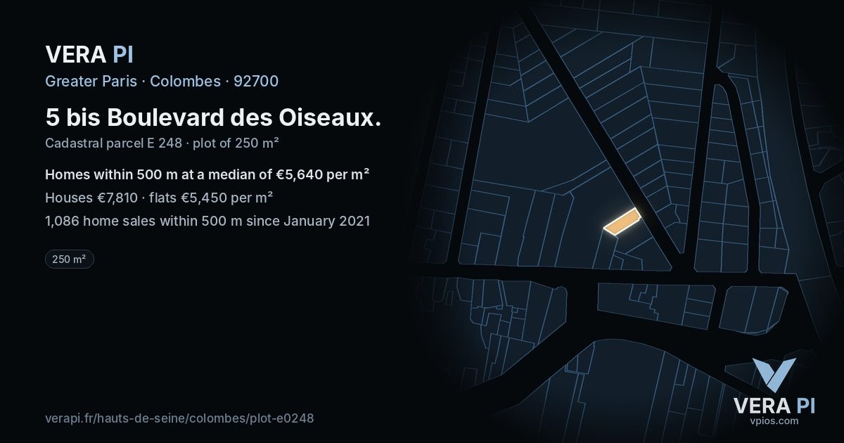 5 bis Boulevard des Oiseaux, Colombes at night – the plot lit, the parcels around coloured by the prices near them