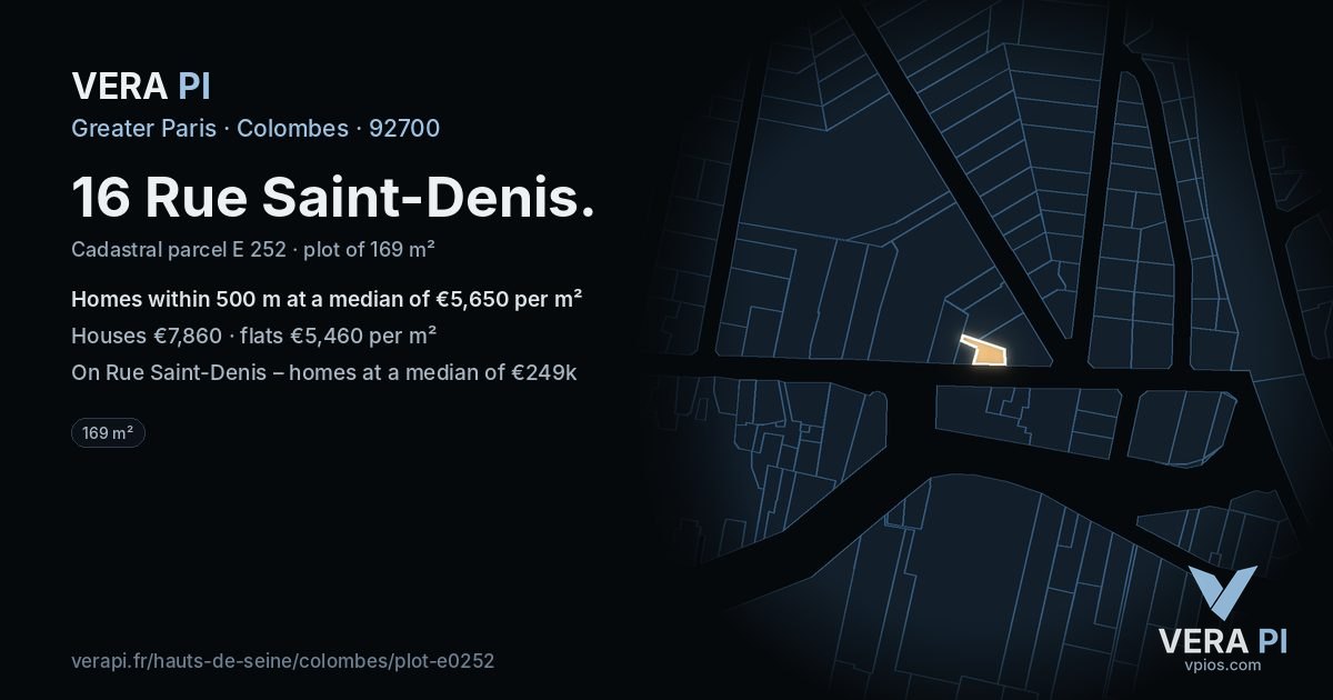 16 Rue Saint-Denis, Colombes at night – the plot lit, the parcels around coloured by the prices near them