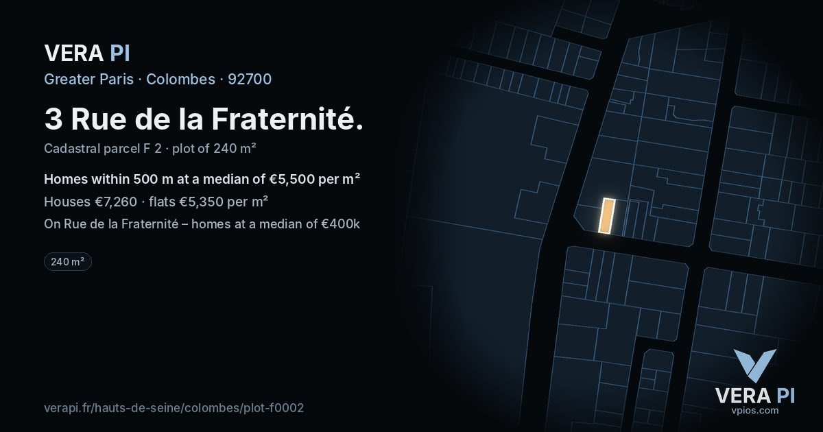 3 Rue de la Fraternité, Colombes at night – the plot lit, the parcels around coloured by the prices near them