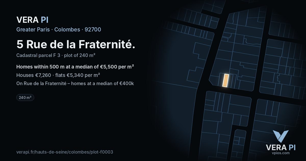 5 Rue de la Fraternité, Colombes at night – the plot lit, the parcels around coloured by the prices near them