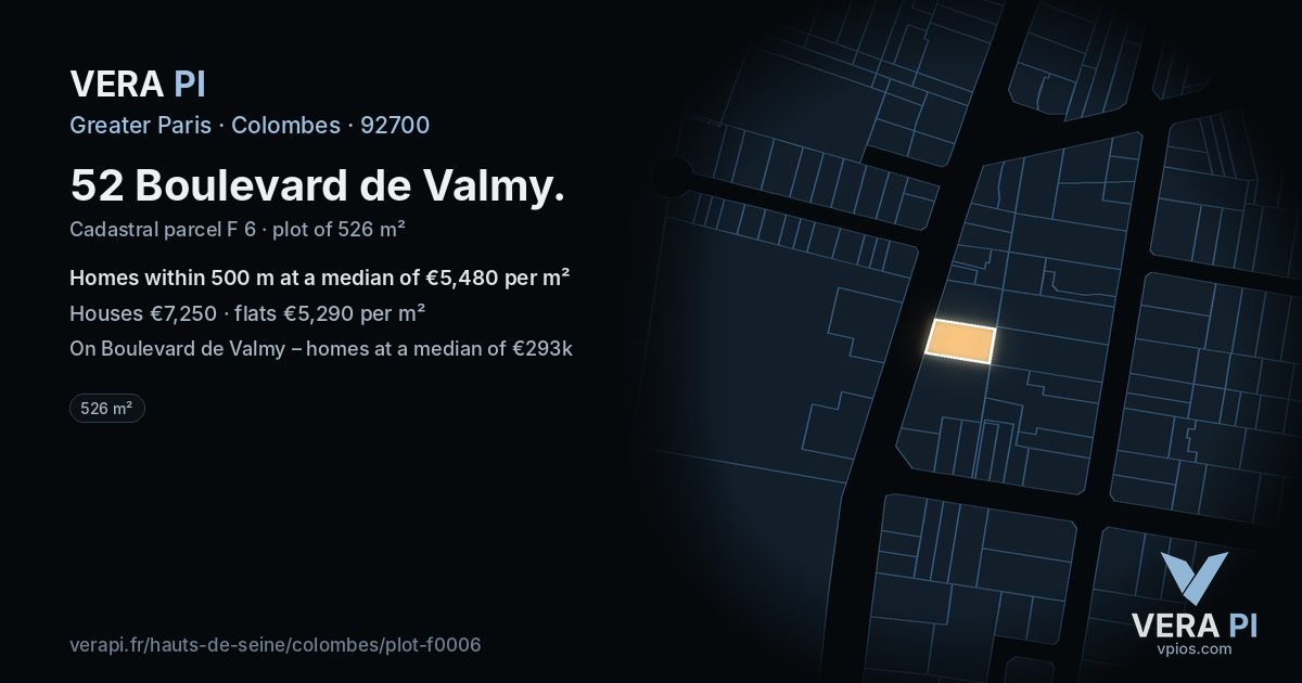 52 Boulevard de Valmy, Colombes at night – the plot lit, the parcels around coloured by the prices near them
