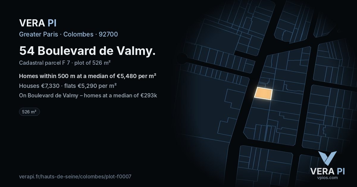54 Boulevard de Valmy, Colombes at night – the plot lit, the parcels around coloured by the prices near them