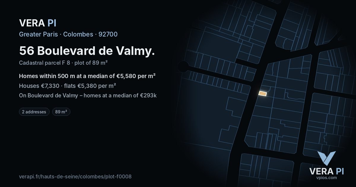56 Boulevard de Valmy, Colombes at night – the plot lit, the parcels around coloured by the prices near them