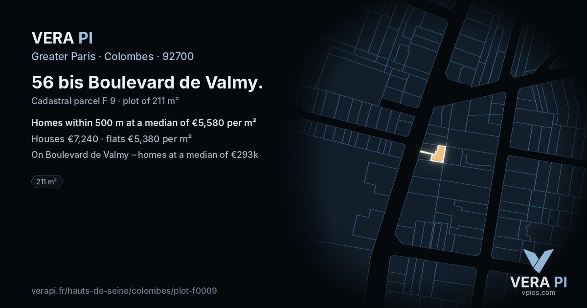 56 bis Boulevard de Valmy, Colombes at night – the plot lit, the parcels around coloured by the prices near them