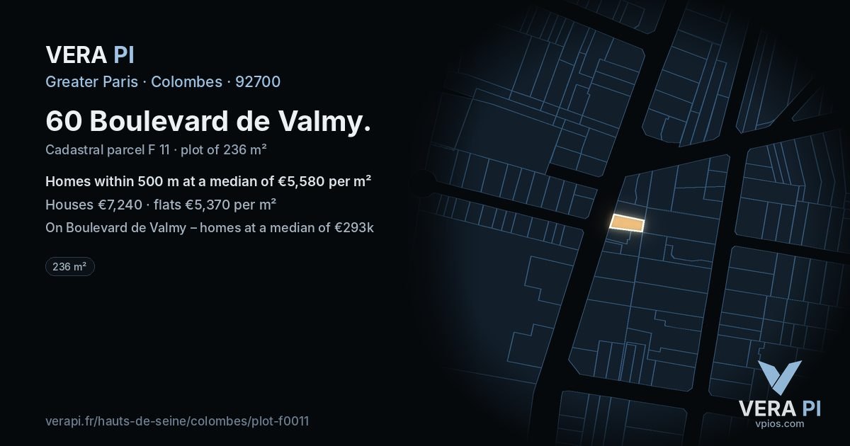 60 Boulevard de Valmy, Colombes at night – the plot lit, the parcels around coloured by the prices near them