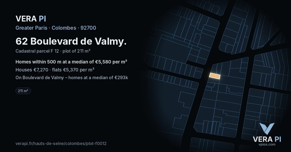 62 Boulevard de Valmy, Colombes at night – the plot lit, the parcels around coloured by the prices near them