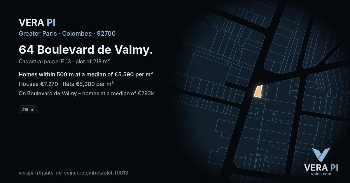 64 Boulevard de Valmy, Colombes at night – the plot lit, the parcels around coloured by the prices near them