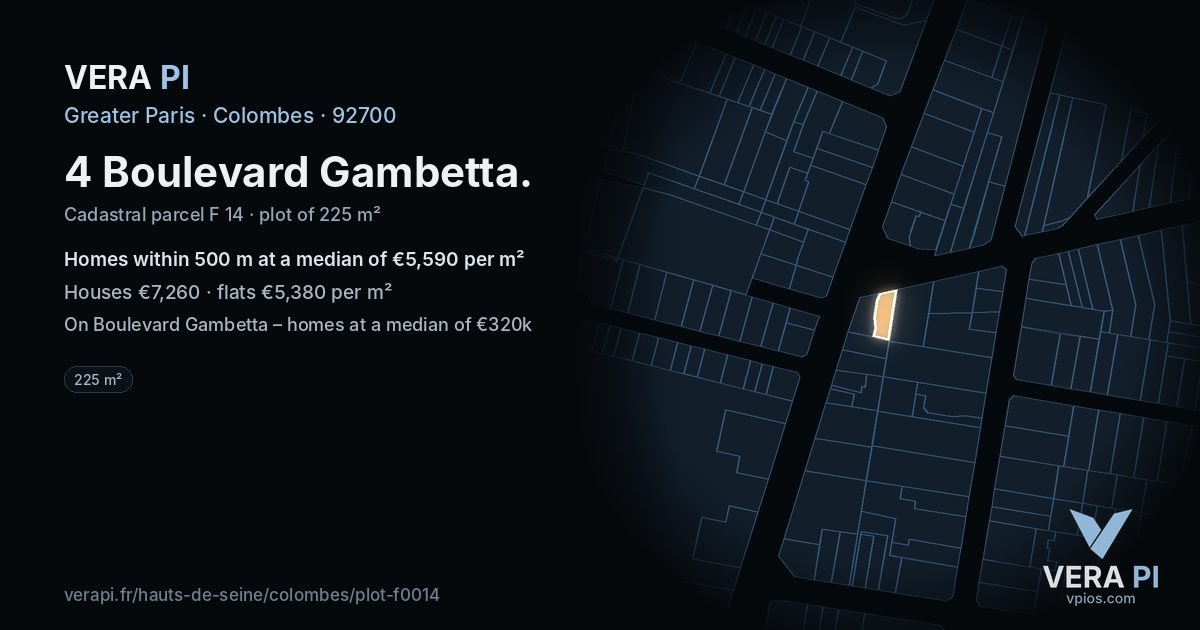 4 Boulevard Gambetta, Colombes at night – the plot lit, the parcels around coloured by the prices near them