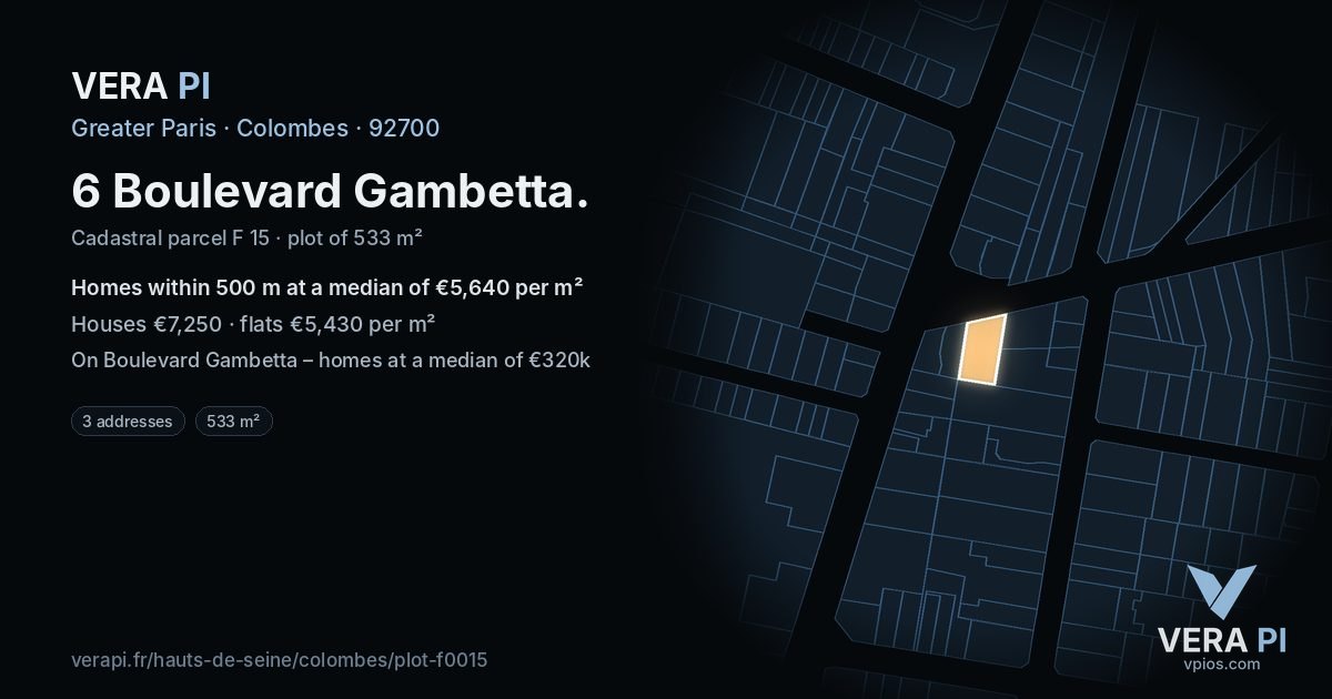 6 Boulevard Gambetta, Colombes at night – the plot lit, the parcels around coloured by the prices near them
