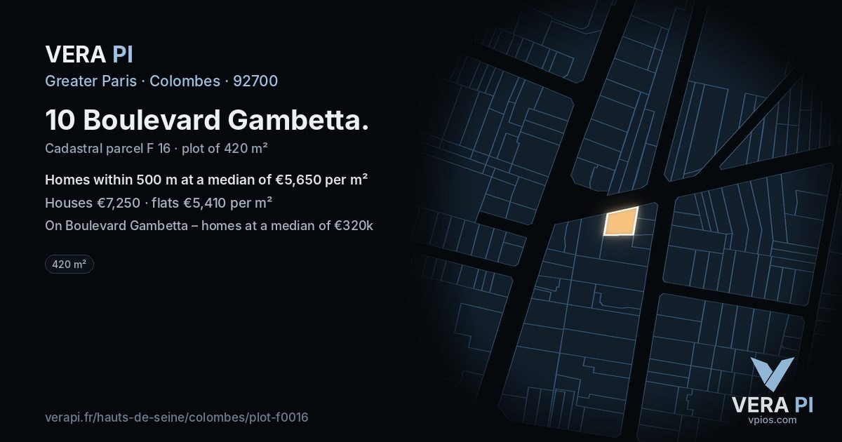 10 Boulevard Gambetta, Colombes at night – the plot lit, the parcels around coloured by the prices near them