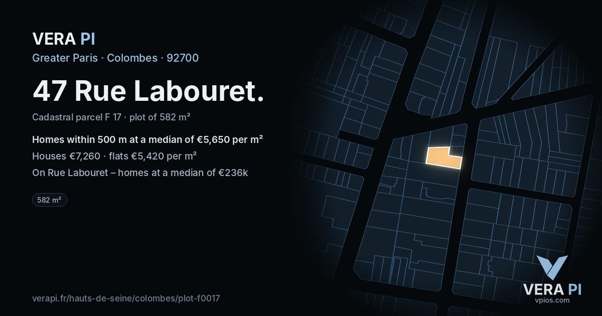 47 Rue Labouret, Colombes at night – the plot lit, the parcels around coloured by the prices near them