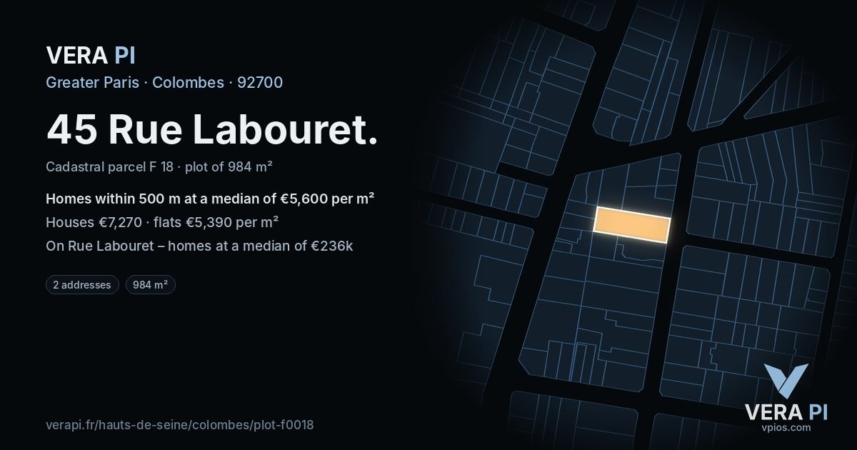 45 Rue Labouret, Colombes at night – the plot lit, the parcels around coloured by the prices near them
