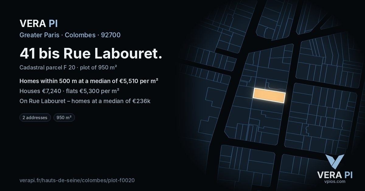 41 bis Rue Labouret, Colombes at night – the plot lit, the parcels around coloured by the prices near them