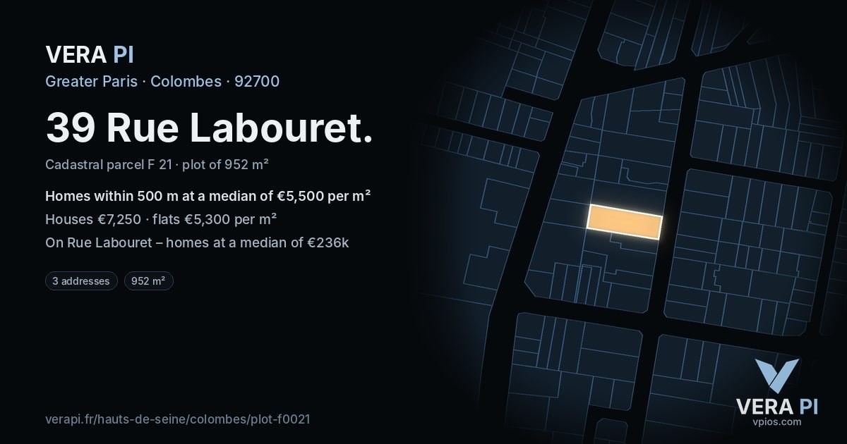 39 Rue Labouret, Colombes at night – the plot lit, the parcels around coloured by the prices near them