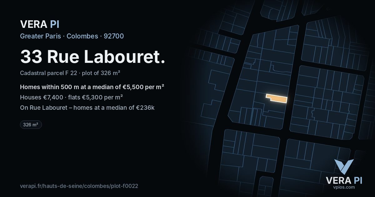 33 Rue Labouret, Colombes at night – the plot lit, the parcels around coloured by the prices near them