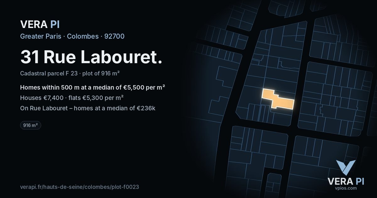 31 Rue Labouret, Colombes at night – the plot lit, the parcels around coloured by the prices near them