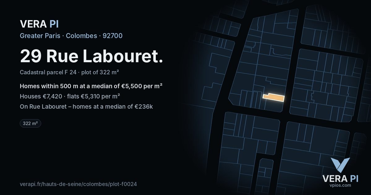 29 Rue Labouret, Colombes at night – the plot lit, the parcels around coloured by the prices near them