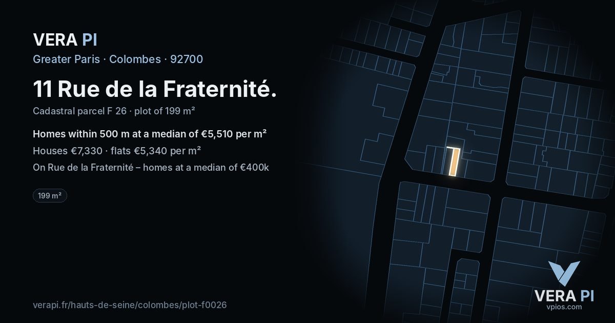 11 Rue de la Fraternité, Colombes at night – the plot lit, the parcels around coloured by the prices near them