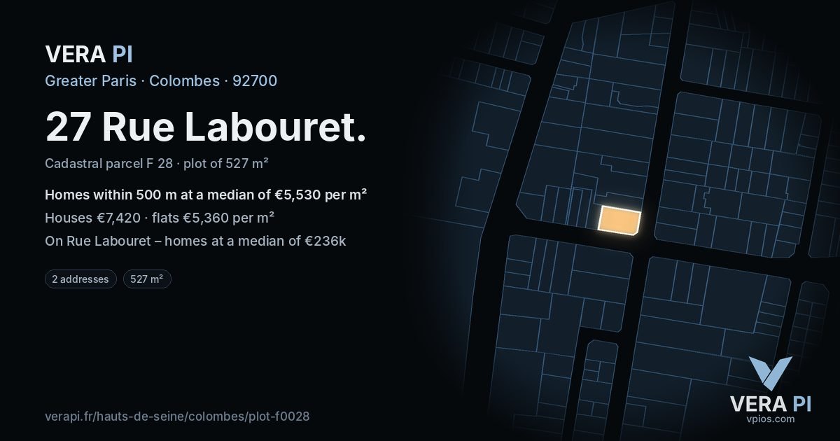 27 Rue Labouret, Colombes at night – the plot lit, the parcels around coloured by the prices near them