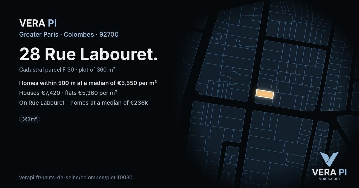 28 Rue Labouret, Colombes at night – the plot lit, the parcels around coloured by the prices near them