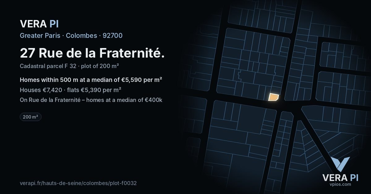 27 Rue de la Fraternité, Colombes at night – the plot lit, the parcels around coloured by the prices near them