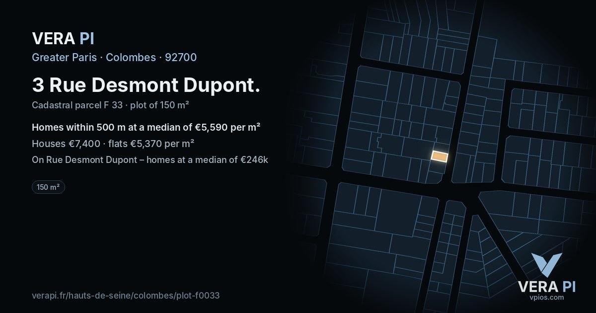 3 Rue Desmont Dupont, Colombes at night – the plot lit, the parcels around coloured by the prices near them