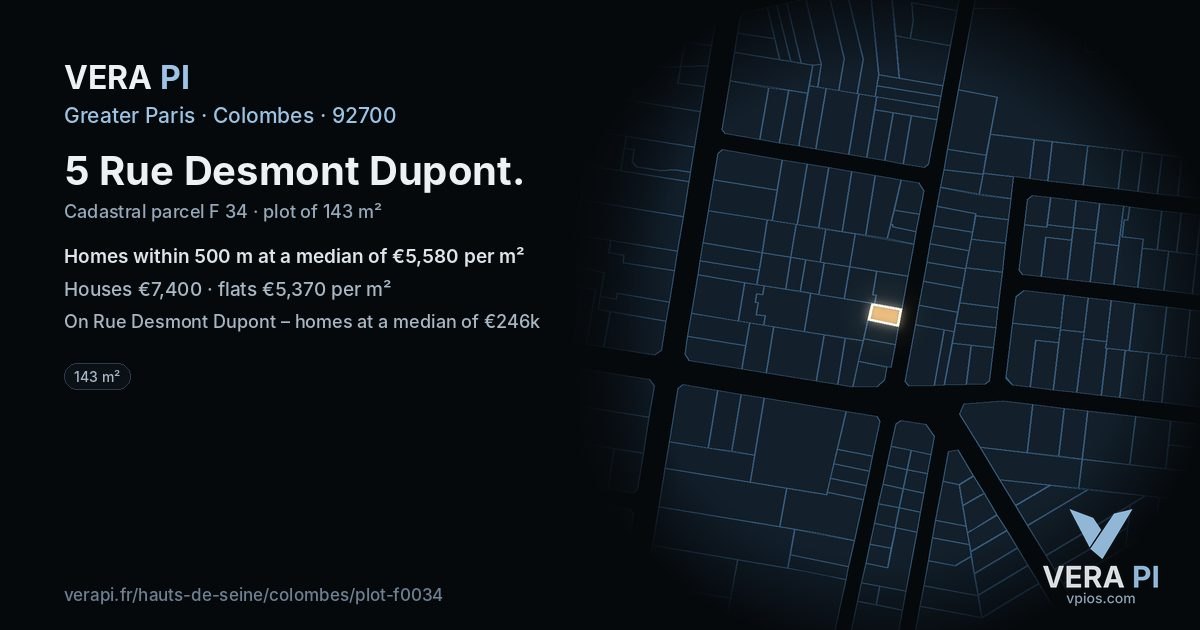 5 Rue Desmont Dupont, Colombes at night – the plot lit, the parcels around coloured by the prices near them